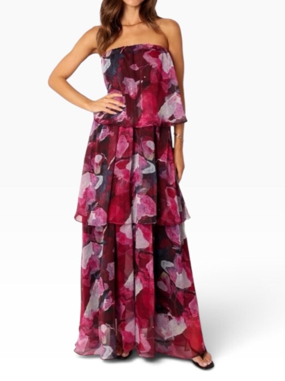 Petal & Pup Bloom Strapless Tiered Chiffon Maxi Dress Purple Floral Large NWT